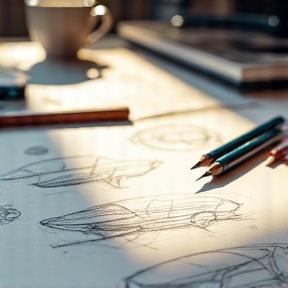 Creative product sketches displayed on a desk